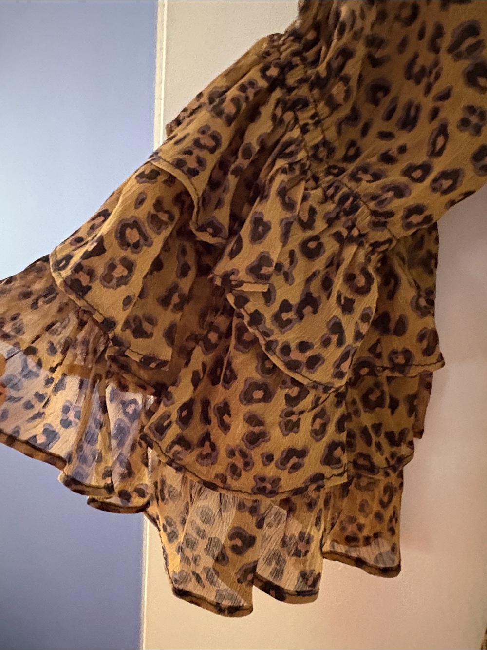 CeCe Leopard-Print Smocked-Neck Ruffle Blouse in Brown - Picture 3 of 4